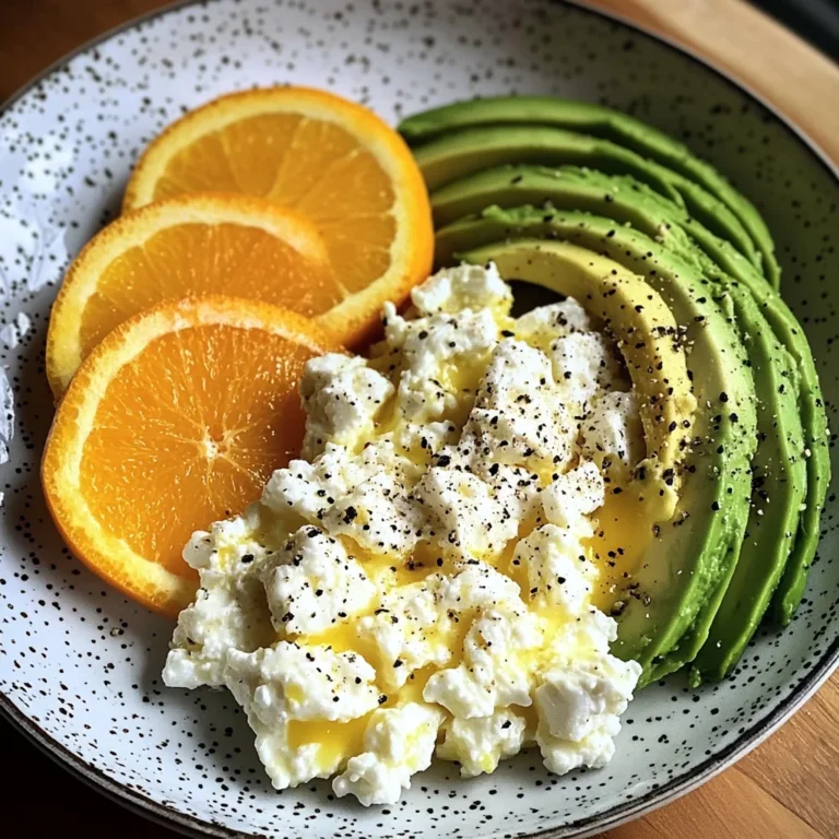 Avocado, Scrambled Eggs & Cottage Cheese Plate with Fresh Orange