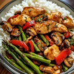 Garlic Chicken & Mushroom Stir-Fry with Asparagus & Rice