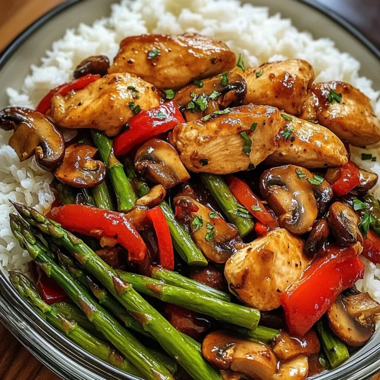 Garlic Chicken & Mushroom Stir-Fry with Asparagus & Rice