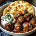 Harissa Beef Meatballs with Yogurt Sauce and Garlic Naan