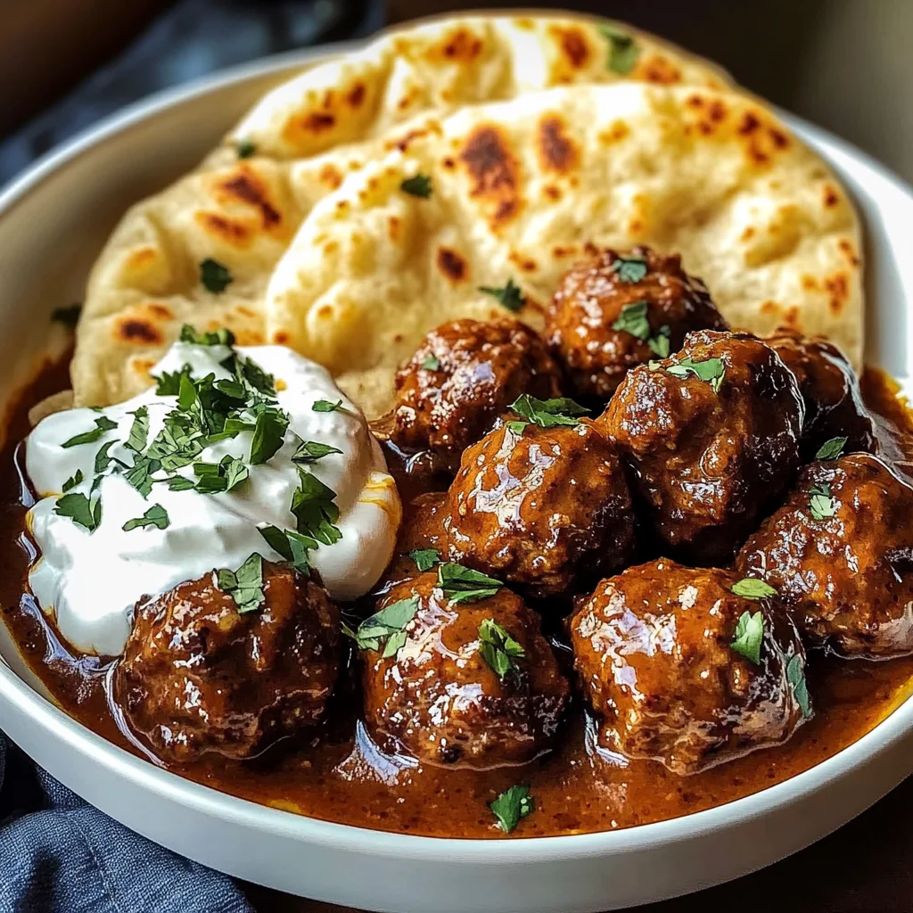 Harissa Beef Meatballs with Yogurt Sauce and Garlic Naan