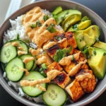 Spicy Chicken Rice Bowl with Avocado & Cucumber Salad