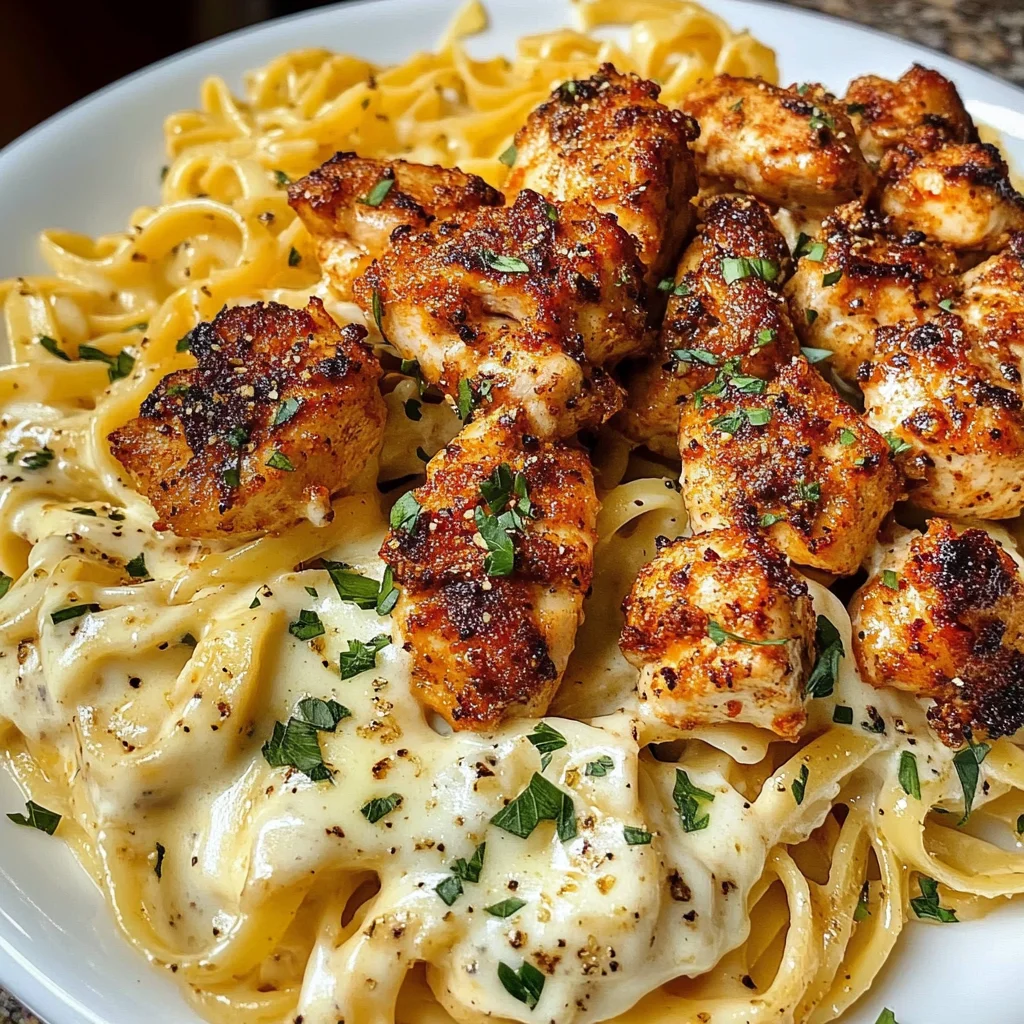 Cajun Chicken Bites with Cheesy Alfredo Linguine