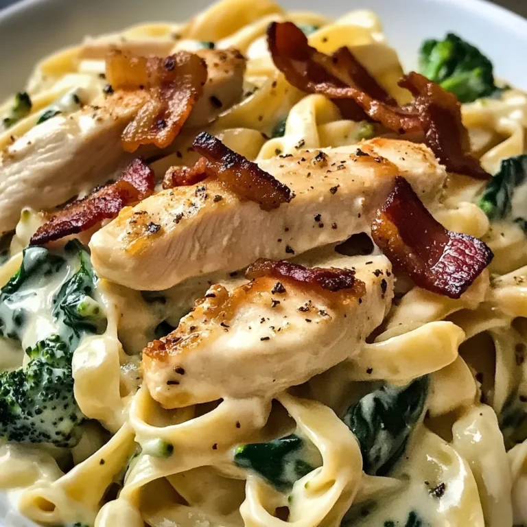 Creamy Chicken Bacon Spinach Fettuccine with Broccoli