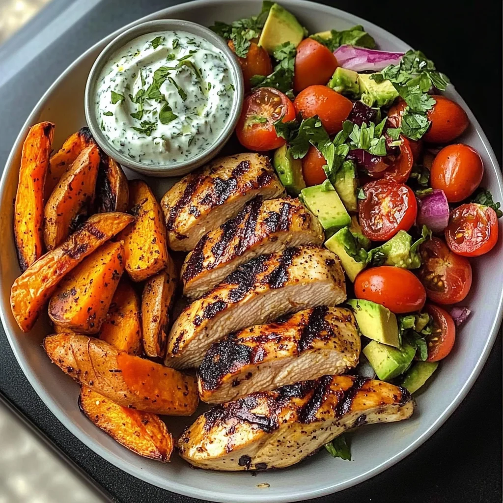Grilled Chicken Power Plate with Sweet Potatoes & Avocado Salad