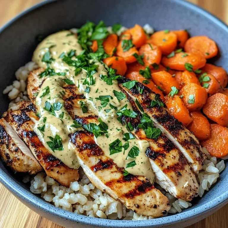 Grilled Chicken Rice Bowl with Creamy Herb Sauce & Carrots