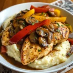 Pan-Seared Chicken with Pepper & Mushroom Gravy and Creamy Mashed Potatoes