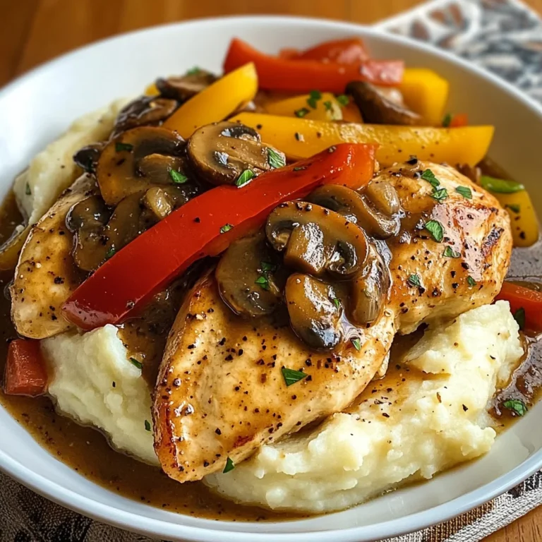 Pan-Seared Chicken with Pepper & Mushroom Gravy and Creamy Mashed Potatoes