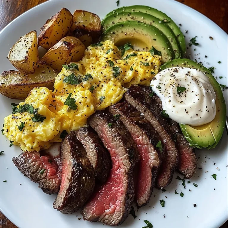 Steak, Cheesy Scrambled Eggs & Herb Potatoes