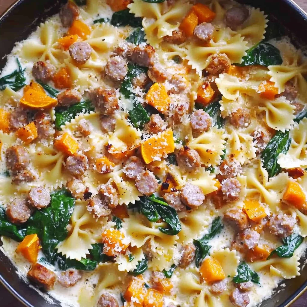Creamy Roasted Butternut Squash Pasta with Sausage and Spinach