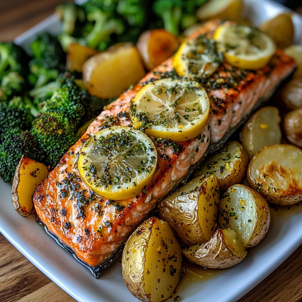 Lemon Butter Salmon with Crispy Potatoes and Roasted Broccoli